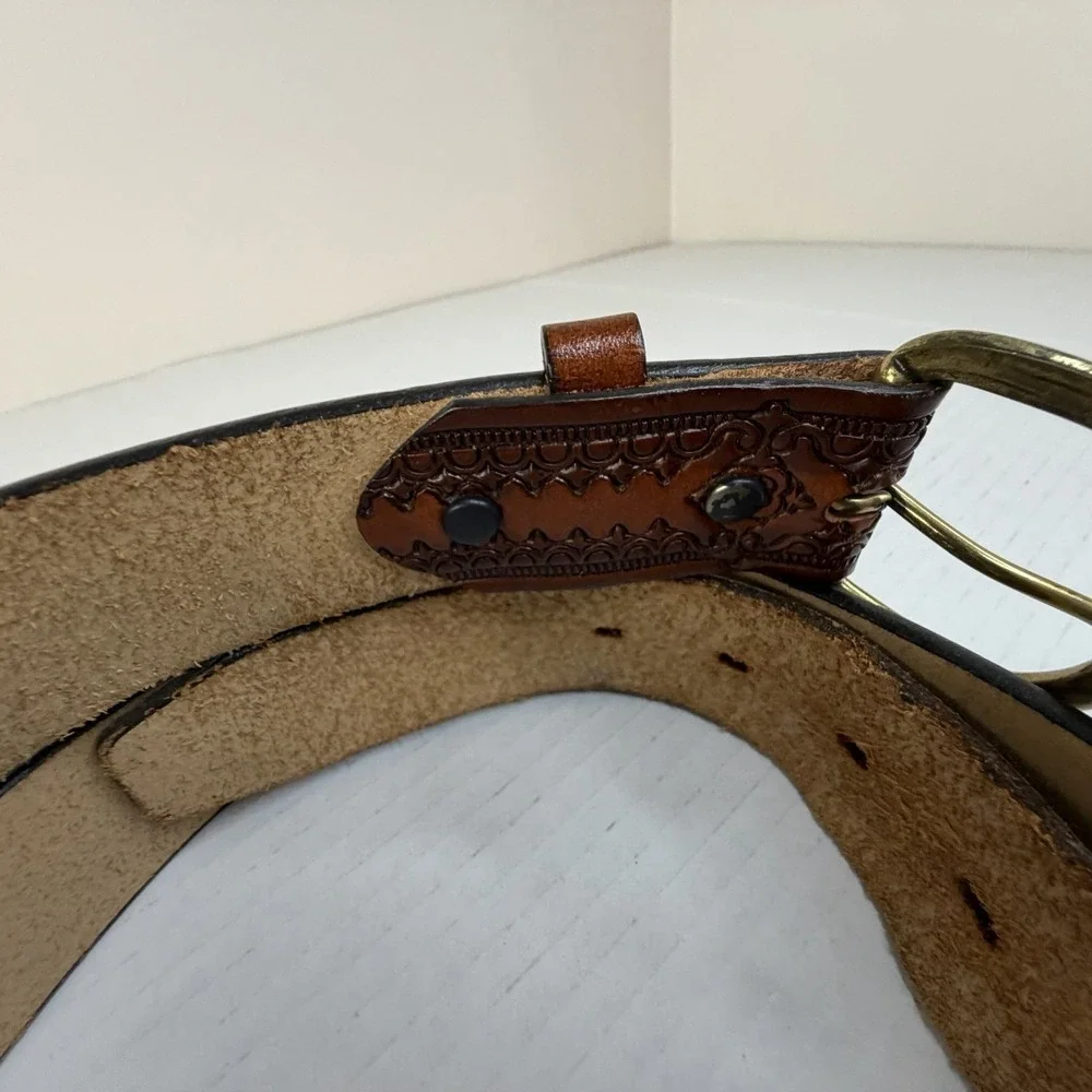 Western Cowboy Brown Leather Men's Belt Decorative Tooled Full Grain, Brass 47